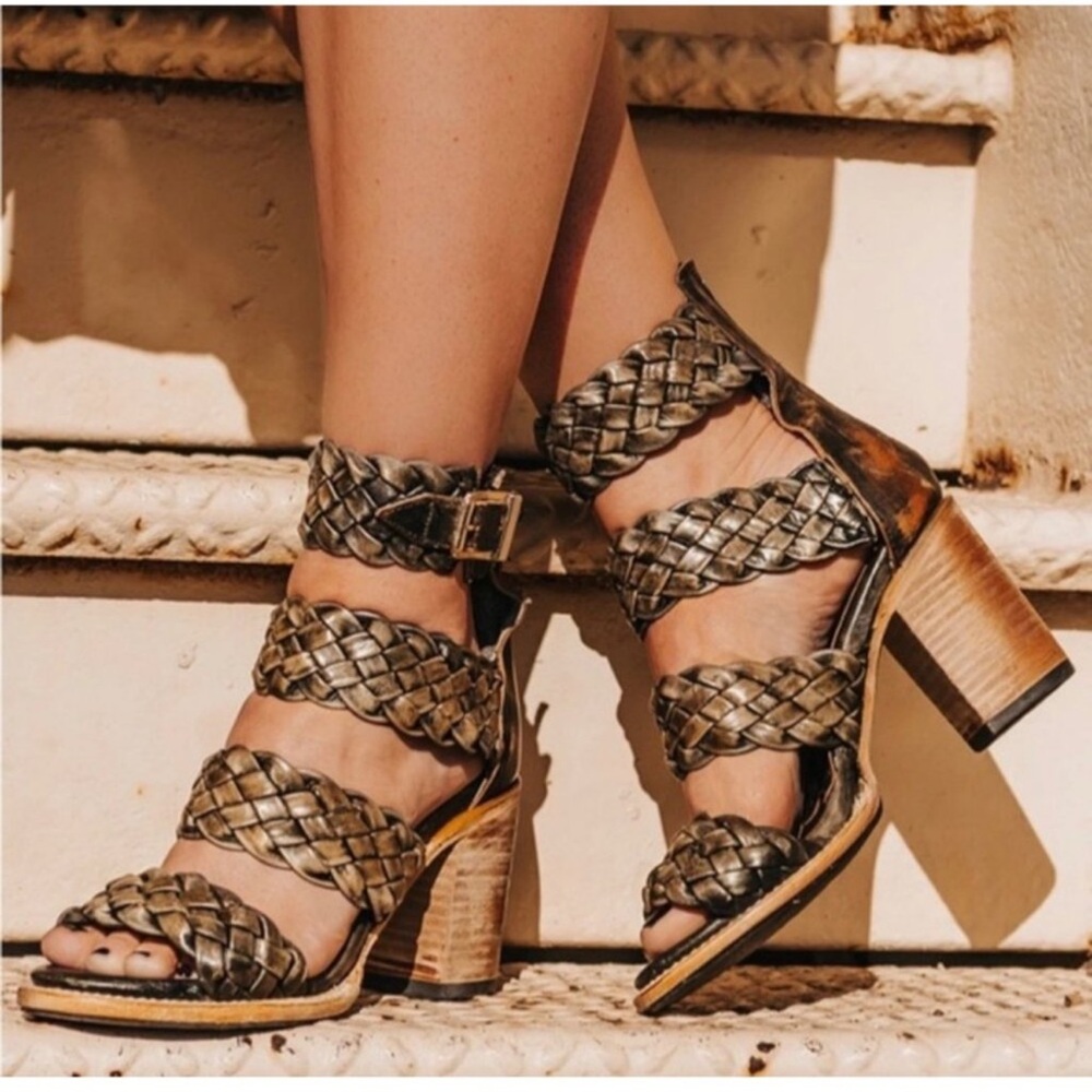 Freebird Bayou Green Braided Leather Heeled Sandals